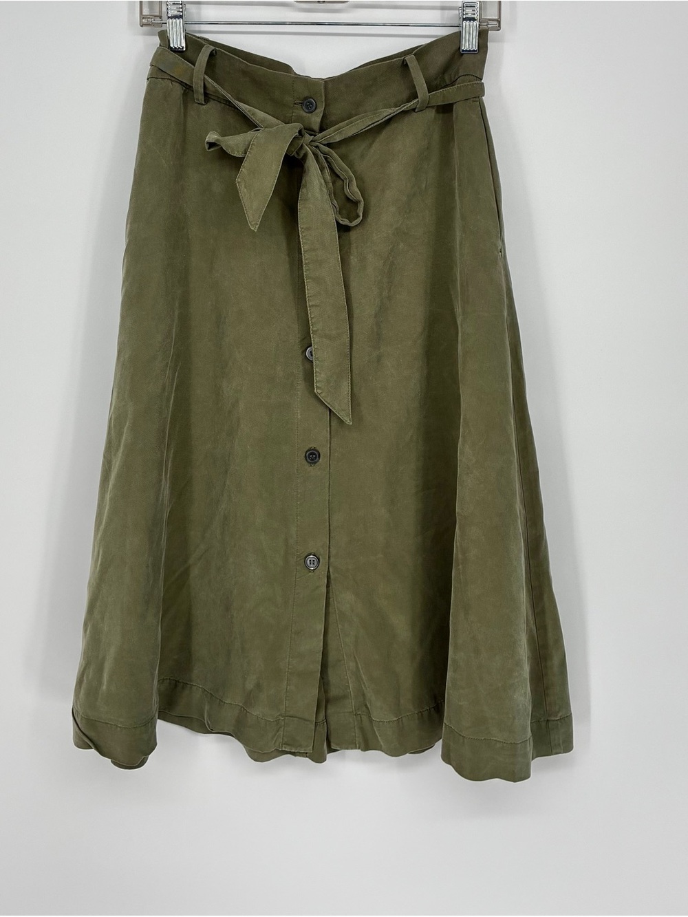 LOFT Olive Green Utility Midi Skirt Button Down A-Line Tie Waist Womens 4